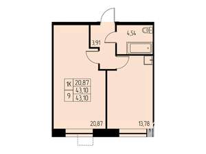 1-к квартира, строящийся дом, 43м2, 8/23 этаж
