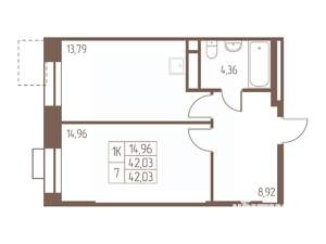 1-к квартира, строящийся дом, 42м2, 3/24 этаж