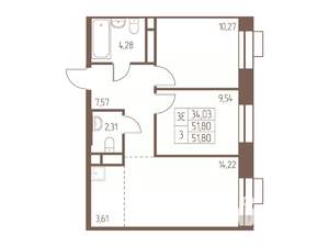 3-к квартира, строящийся дом, 52м2, 19/24 этаж