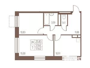 2-к квартира, строящийся дом, 52м2, 11/16 этаж