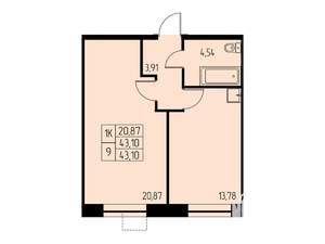1-к квартира, строящийся дом, 43м2, 13/23 этаж