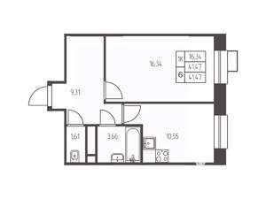 1-к квартира, строящийся дом, 42м2, 15/25 этаж