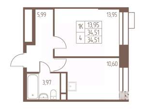 1-к квартира, строящийся дом, 35м2, 9/24 этаж