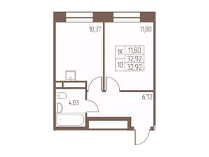 1-к квартира, строящийся дом, 33м2, 10/16 этаж