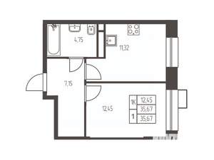 1-к квартира, строящийся дом, 36м2, 14/20 этаж