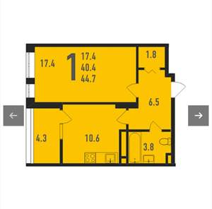 1-к квартира, вторичка, 45м2, 3/17 этаж