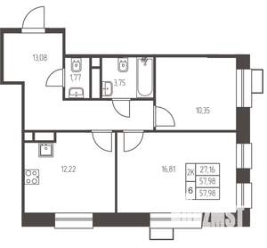 2-к квартира, строящийся дом, 58м2, 24/25 этаж