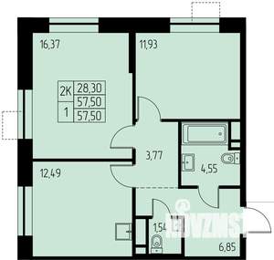 2-к квартира, строящийся дом, 58м2, 22/23 этаж