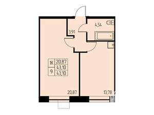 1-к квартира, вторичка, 43м2, 20/23 этаж