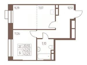 2-к квартира, строящийся дом, 43м2, 6/24 этаж
