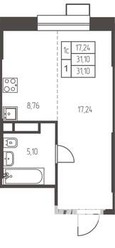 Студия квартира, строящийся дом, 31м2, 23/25 этаж