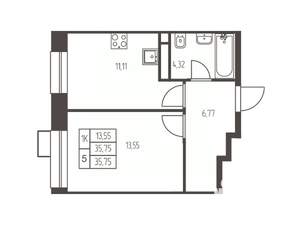 1-к квартира, строящийся дом, 36м2, 12/20 этаж