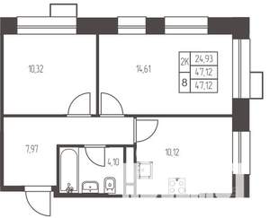 2-к квартира, строящийся дом, 47м2, 8/20 этаж