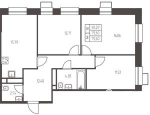 3-к квартира, строящийся дом, 76м2, 13/25 этаж