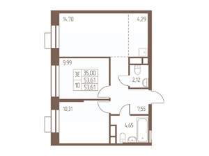 3-к квартира, строящийся дом, 54м2, 9/24 этаж