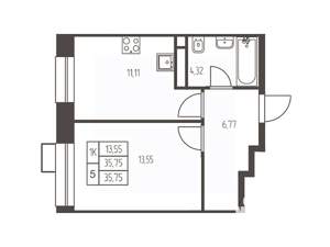 1-к квартира, строящийся дом, 36м2, 9/20 этаж