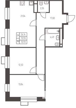 2-к квартира, строящийся дом, 71м2, 5/25 этаж