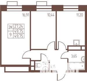 2-к квартира, строящийся дом, 50м2, 23/24 этаж