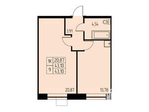 1-к квартира, вторичка, 43м2, 19/23 этаж