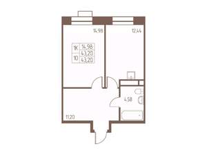 1-к квартира, строящийся дом, 43м2, 13/24 этаж