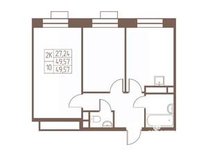 2-к квартира, строящийся дом, 50м2, 22/24 этаж