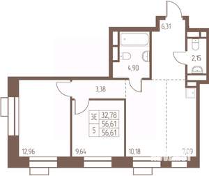 3-к квартира, строящийся дом, 57м2, 9/24 этаж