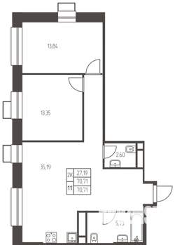 2-к квартира, строящийся дом, 71м2, 8/25 этаж