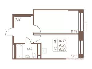 1-к квартира, строящийся дом, 41м2, 4/24 этаж