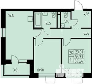 2-к квартира, строящийся дом, 57м2, 18/23 этаж