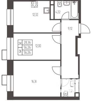 2-к квартира, строящийся дом, 56м2, 5/20 этаж