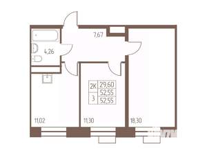 2-к квартира, строящийся дом, 53м2, 24/24 этаж