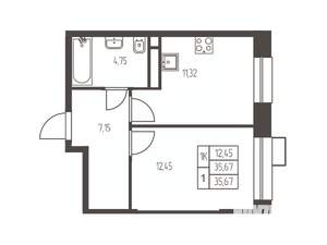 1-к квартира, строящийся дом, 36м2, 7/20 этаж