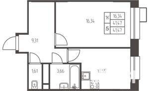 1-к квартира, строящийся дом, 41м2, 10/25 этаж