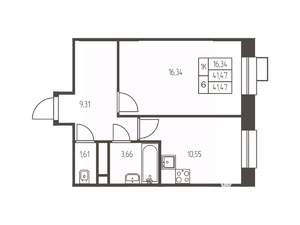 1-к квартира, строящийся дом, 42м2, 20/25 этаж