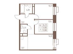 3-к квартира, строящийся дом, 52м2, 17/24 этаж