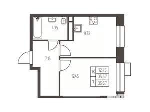 1-к квартира, строящийся дом, 36м2, 19/20 этаж