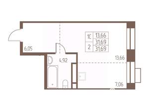 Студия квартира, строящийся дом, 32м2, 23/24 этаж