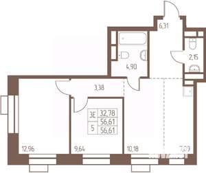 3-к квартира, строящийся дом, 57м2, 13/24 этаж