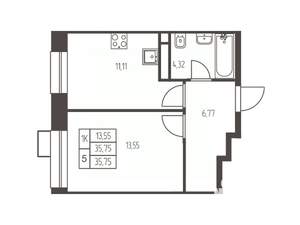 1-к квартира, строящийся дом, 36м2, 17/20 этаж