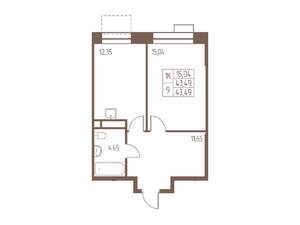 1-к квартира, строящийся дом, 44м2, 4/24 этаж