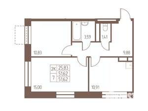 2-к квартира, строящийся дом, 52м2, 15/16 этаж