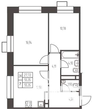 2-к квартира, строящийся дом, 55м2, 15/20 этаж