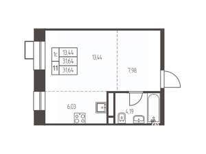 Студия квартира, строящийся дом, 32м2, 8/12 этаж
