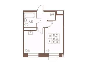 1-к квартира, строящийся дом, 34м2, 6/24 этаж
