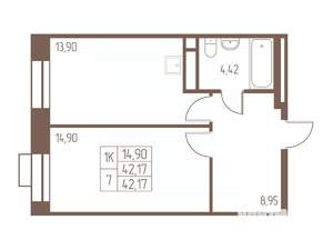 1-к квартира, строящийся дом, 42м2, 23/24 этаж