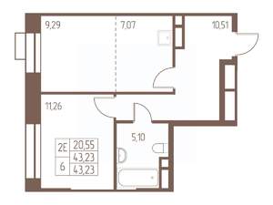 2-к квартира, строящийся дом, 43м2, 2/24 этаж