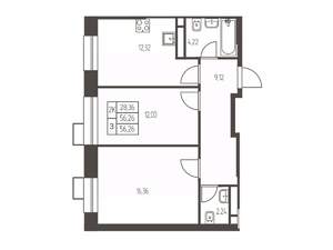 2-к квартира, строящийся дом, 56м2, 18/20 этаж