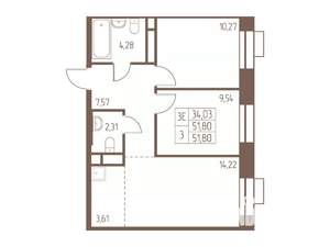 3-к квартира, строящийся дом, 52м2, 20/24 этаж