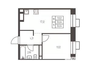1-к квартира, строящийся дом, 37м2, 11/12 этаж