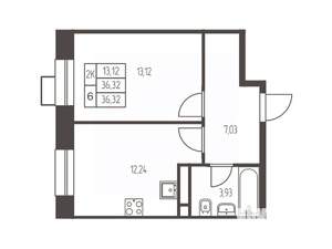 1-к квартира, строящийся дом, 36м2, 9/12 этаж